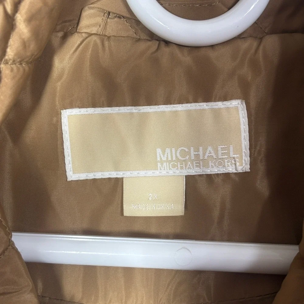 Michael Kors Womens 2X Quilted Hooded Parka Jacket Camel Tan RN 79675